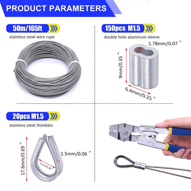 Twidec/Wire Rope Crimping Tool Kit Up To 2.2mm Swaging Tool With 165FT 1/16'' 304 stainless steel Wire Rope And 150PCS 1/16''Aluminum Crimping Loop Sleeve 20PCS Wire Rope Thimbles - Image 4